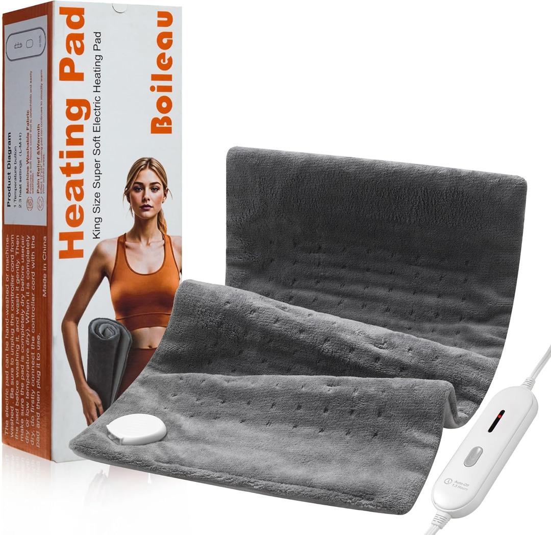 Boileau Electric Heating Pad for Back Pain Relief, 12"x24" XL Large and 3 Heating Levels Heat Pad for Cramps, Auto Shut Off and Machine Washable, Gifts for Men and Women, Grey