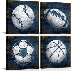 KLVOS Navy Blue Sports Wall Art Dcor Basketball Baseball Soccer Football Canvas Art Prints Sport Balls Picture for Man Cave Kids Teenagers Boy Room Decor 12x12inchx4 Piece