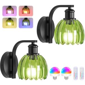 VerRon Rechargeable Battery Operated Wall Sconce Set of Two with Green Glass Lampshade, Wireless Wall Scone Decor with Remote Control, 15 Colors Black Wall Light for Bedside Hallway Bedroom Doorway, 2-Pack