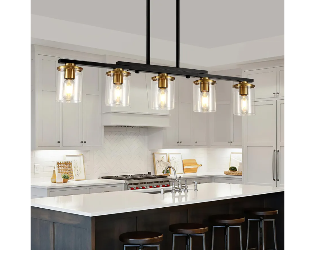 36.2inch 5-Light Kitchen Island Lighting,Dining Room Lights Modern Farmhouse Chandelier with Clear Glass Shade,Modern Rustic Black and Gold Metal Chandelier, Kitchen Pendant Light Fixtures