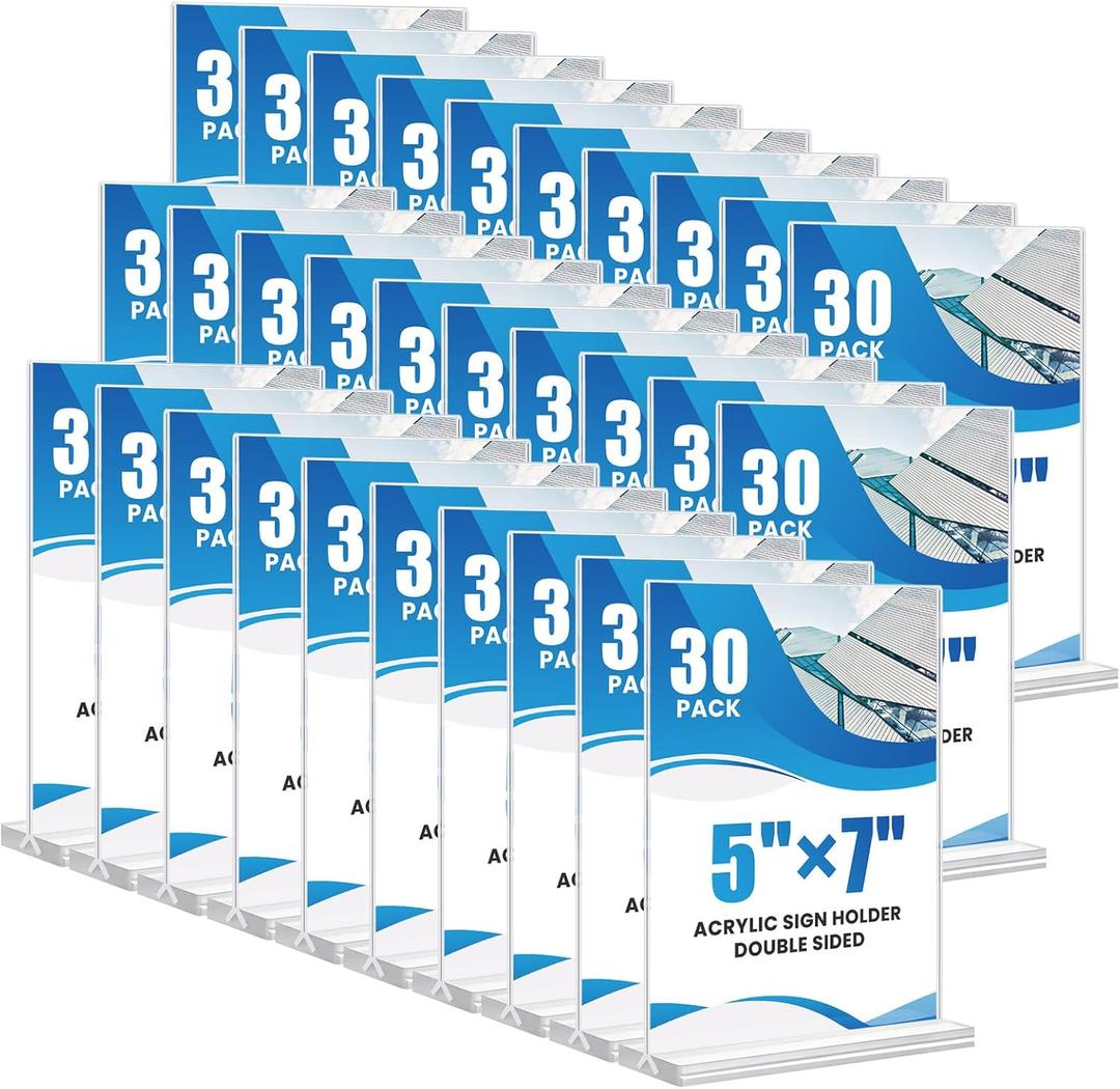 30 Pack Acrylic Sign Holder 5x7, Clear Double Sided Tabletop Menu Display, Desktop Flyer Stand with Vertical Base, Plastic Paper Picture Frame Holder Suitable for Restaurants Office Store Show Fair