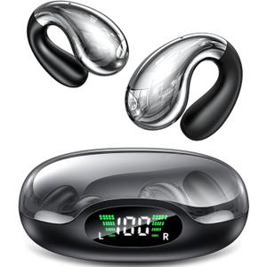 Boytond Ultra Open Ear Earbuds, Comfort Clip On Earbuds, Wireless Bone Conduction Headphones with Bluetooth 5.3, Fast Charging Fast Charging for Running, Sports, and Travel, Crystal Black