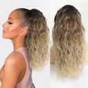ALXNAN Claw Clip Ponytail,18 Inch Ombre Brown Mix Blonde Ponytail Extension for Women Synthetic Long Curly Wavy Clip in Ponytail Hair Extensions Synthetic Hairpiece for Daily Party Use
