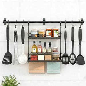 NADAMOO Kitchen Utensil Hanger and Spice Rack with Towel Rack HolderWall Mount Space Saving Metal Storage Organizer for Pantry, Countertop, Bathroom