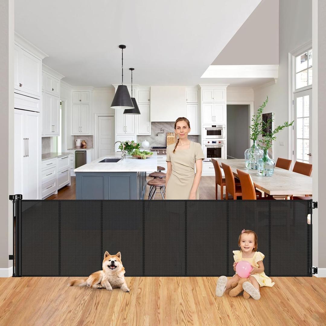 Reinforced 200 Inch Extra Wide Baby Gate Retractable Dog Gate 16.7ft Outdoor pet Gates for Wide Openings 37 Inch Tall No Sag Mesh Retractable Baby Gates for Doorways with Reinforced Strips, Black