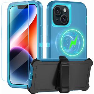 Magnetic for iPhone 14 Case,with Belt Clip,[Compatible with Magsafe] W/Tempered Glass Screen Protector,Anti-Drop,Shockproof,Heavy Duty Protection (Lake Blue)