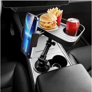 Car Food Tray with Phone Holder & Cup Holder, Height Adjustable 360Rotating Steering Wheel Tray, Perfectly Compatible with Cars Featuring Round Cup Holders, Fits Tesla Model Y/3/S