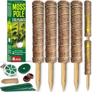 Premium Moss Pole for Plants 3-Pack - 48 Inch Sturdy Plant Support Stakes - 16.5" Extendable Poles for Monstera & Climbing Plants - 100% Natural Garden Sticks - Complete Kit w/Ties, Velcro & Rope
