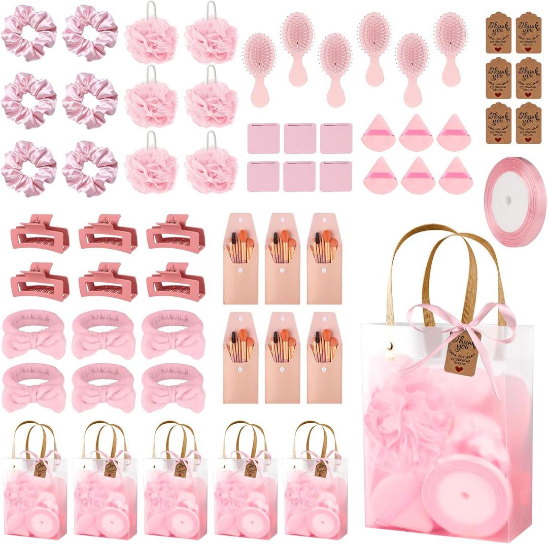 OINETRK 109pcs Baby Shower Prizes for Winners Gifts Baby Shower Favors including Headband Hair Brush Compact Mirror Bath Sponges Powder Puff Hair Tie Claw Makeup Brushes Gift Bag Bridal Shower (Pink)