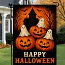 Halloween Garden Flag With Three Spooky Ghosts And Stacked Jack O Lantern Pumpkins Of Haunted House Flags Outdoor Yard Decor 12x18 Inch Double Sided Seasonal Flags Front Porch Lawn Decor