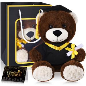 Bear with Graduation Cap Toys Class of 2025 Plush Stuffed Teddy Bear Animal Dog Cap and Gown with Greeting Card and Bag for Graduation Day Gift(Black A)