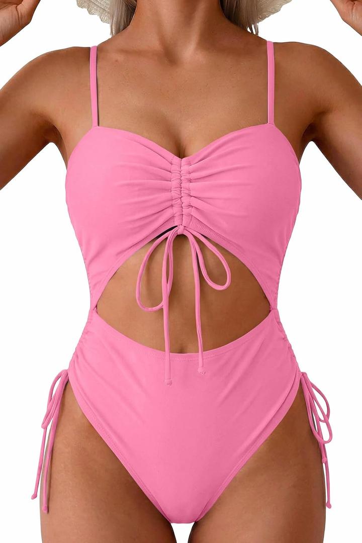 Viottiset Women's Cut Out Drawstring One Piece Swimsuit Cheeky High Cut Bathing Suit (S)