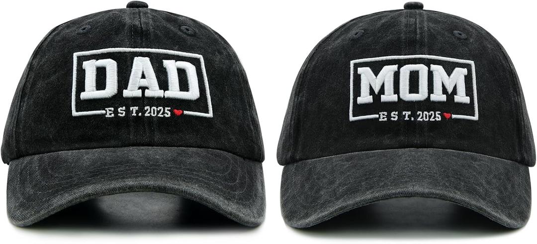 Funny Mom and Dad Est 2025 Hats, Gifts for New Parents, New Mom and Dad Hats, 3D Embroidered Adjustable Baseball Cap (Black, XXL)