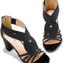 Women's Rhinestone Sparkly Chunky Block Heel Sandals Open Toe Dressy Shoes with Zipper Closure for Wedding Prom Homecoming Hoco Formal Events (8, Black)
