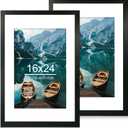 16x24 Frame Set of 2, Rustic Black Wood Style - Display 16 x 24 Picture without Mat or 12x18 Picture with Mat, Wall Mounting Horizontal and Vertical