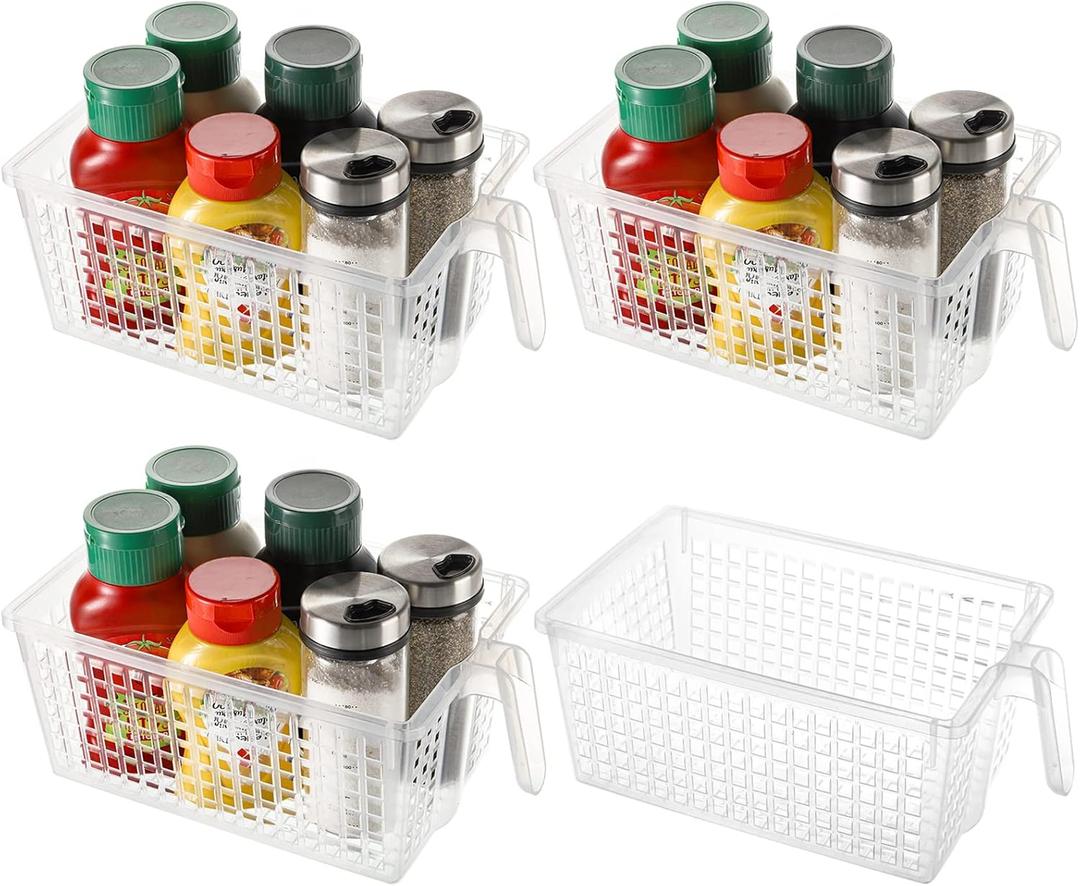 Hedume 4 Pack Plastic Storage Bins with Handle, BPA-Free Kitchen Pantry Cabinet Refrigerator Food Storage Organizer for Snacks, Food, Produce, Pasta