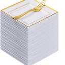 Goodluck 240 Pieces Gold Square Plastic Plates with Forks, Gold Dessert Plates for 120 Guests, Heavy Duty Disposable Plates for Party, Including 120 6.5" Plastic Plates and 120 7.4" Forks