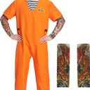 Men Prisoner Costume, 2 Pcs Convict Jail Jumpsuit Inmate Set Outfit for Adult Man Dress Up Halloween M-XXL (Orange)