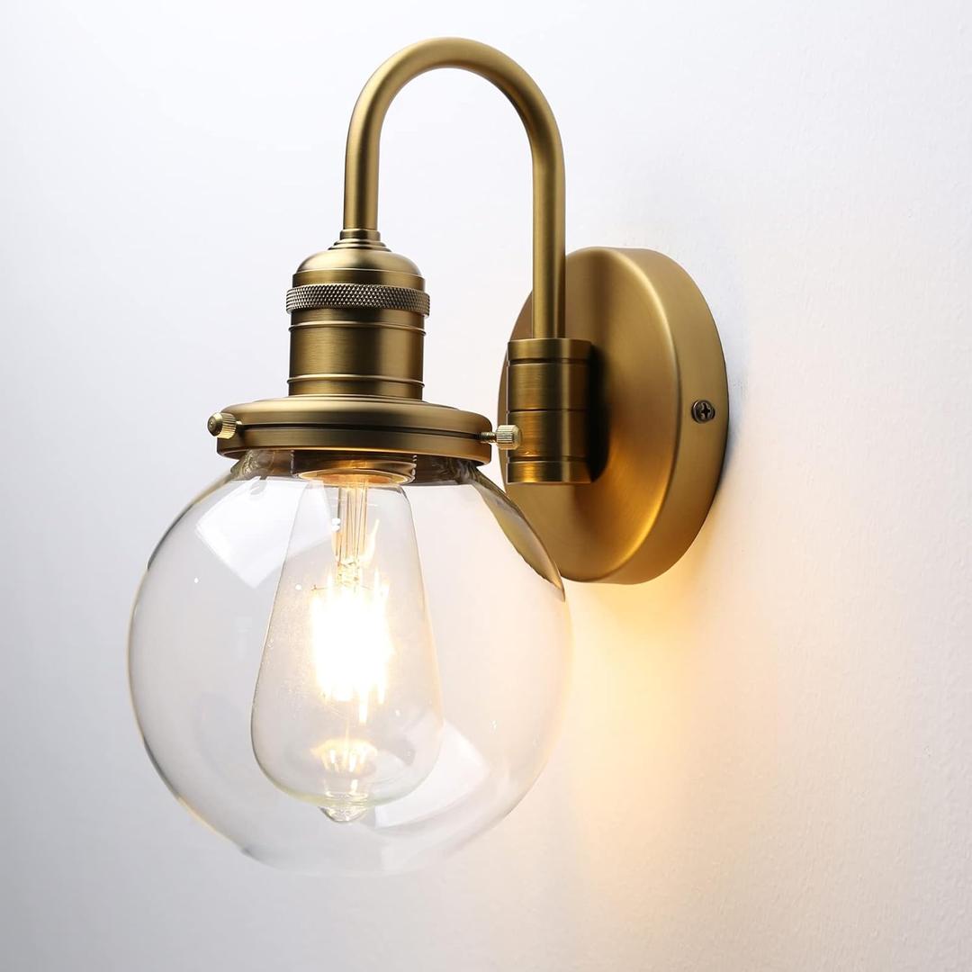 Industrial Vintage Gooseneck Wall Sconce 1-Light with 5.9 Round Clear Glass Globe Shade Indoor Wall Mounted Lamp Fixture (Brass)