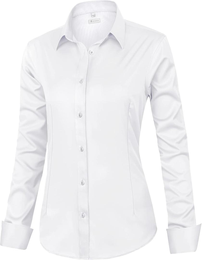 siliteelon Womens Classic-Fit Dress Shirts Long Sleeve Button Down Wrinkle-Free Stretch Solid Casual Work Office Blouse Top (Medium, White)