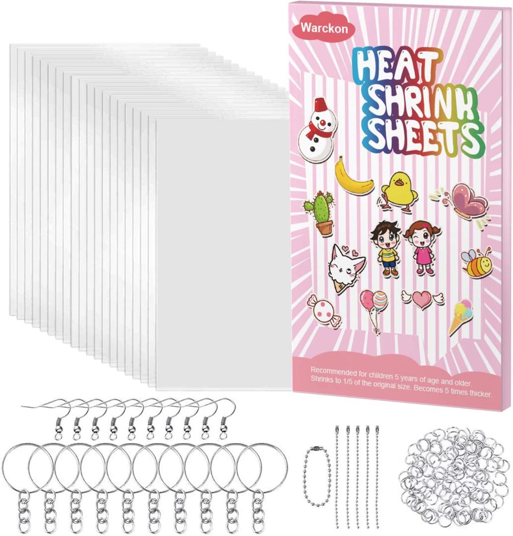 Warckon 149 Pieces Shrink Plastic Sheet Kit Include 24 PCS Shrinky Art Paper with 125 PCS Keychains Accessories for Kids Creative Craft