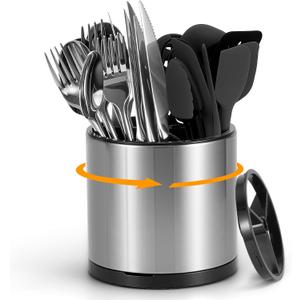 360 Rotating Kitchen Silverware Caddy, Stainless Steel Utensil Holder for party Counter with 3 Compartments, Cooking Flatware Organizer Spoon Spatula Tool Cutlery Container (Silvery, Medium)