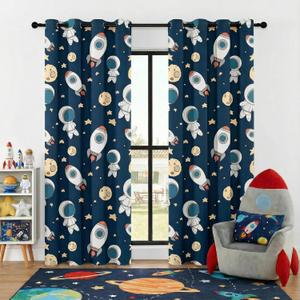 Kids Space Astronaut Planets Rockets Blackout Curtains - 100% Blackout, Thermal Insulated, Noise Reducing, for Kids Room and Nursery, 2 Panels (Astro Buddy Rockets, W52×L84)