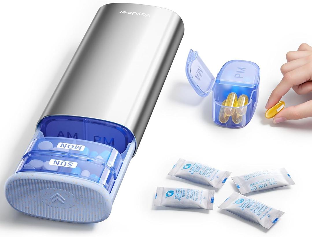 Vaydeer AM/PM Metal Pill Organizer, Weekly Pill Box with Built-in Desiccant Compartment, Airtight Travel Pill Case for Medication, Vitamins & Supplements (Silver)
