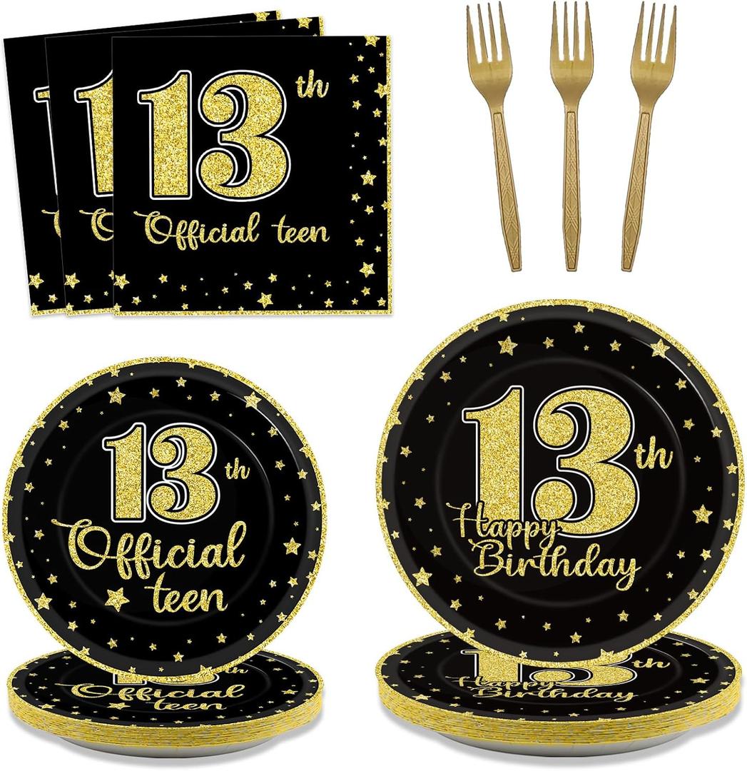 96 Pieces 13th Birthday Tableware Set Official Teenager 13th Disposable Plates Black Gold Birthday Party Plates Napkins Forks for Teenager Boys Girls 13 Year Old Party Favor 24 guests