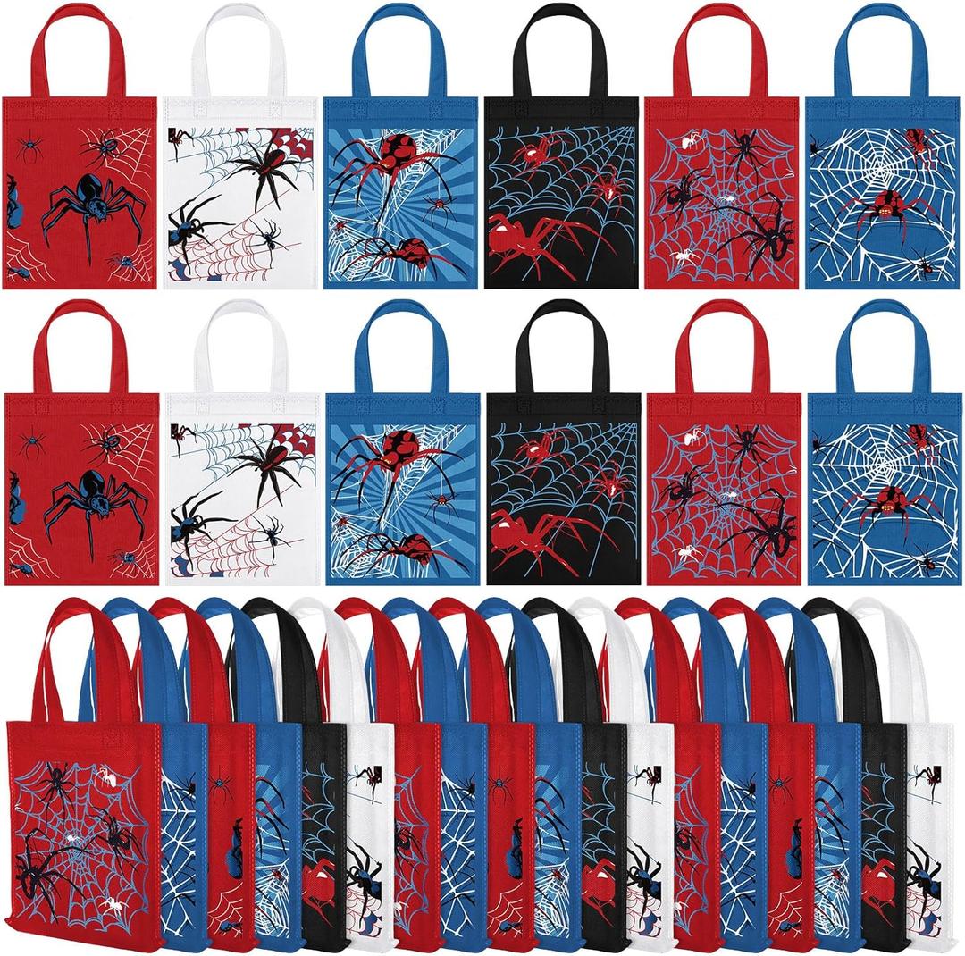 Kacctyen 24 Pack Spider Party Favor Gift Bags Non Woven Reusable Goody Treat Bags with Handles Spider Web Themed Birthday Party Supplies, 6 Styles
