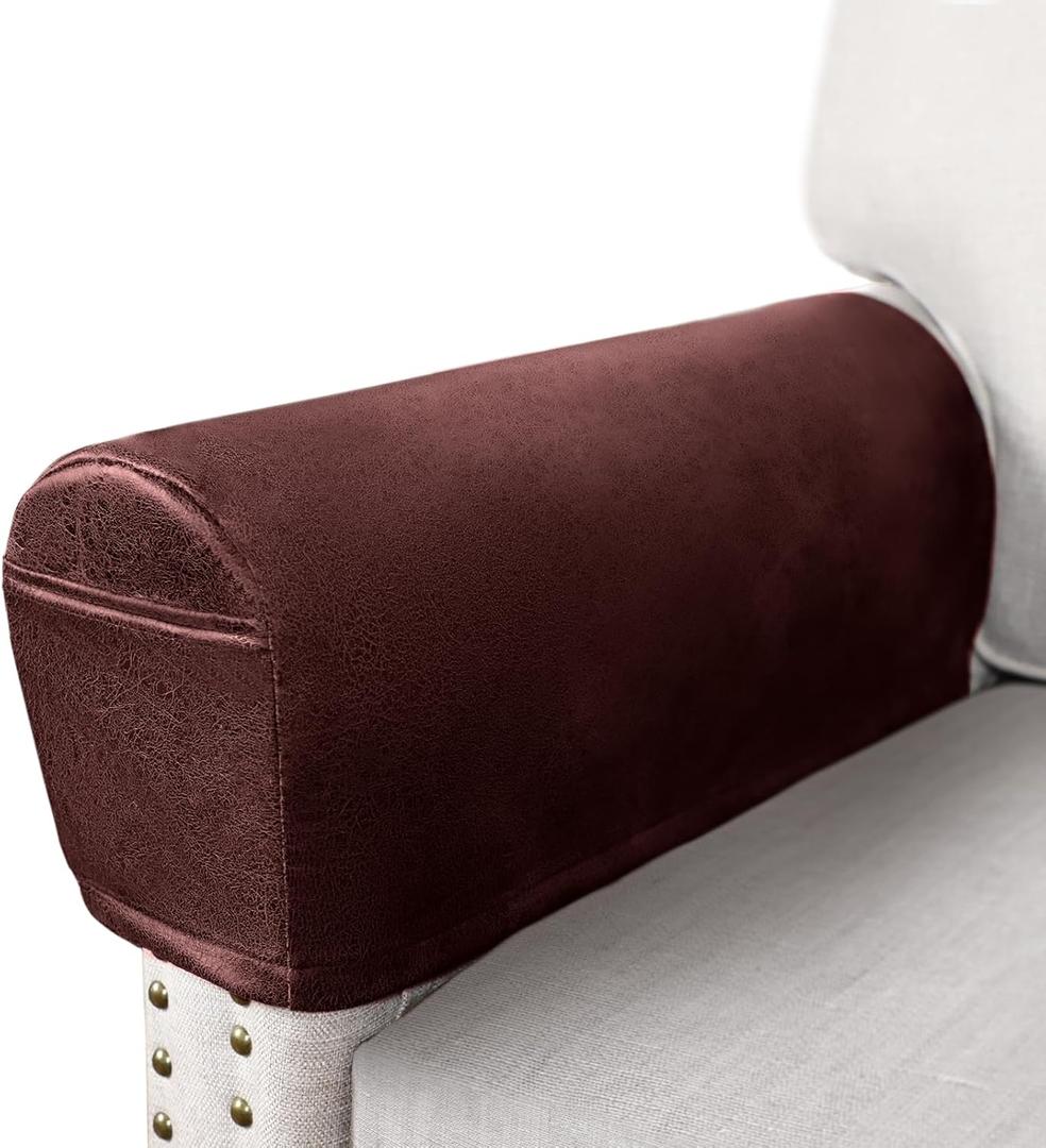 Leather Look Couch Arm Covers Set of 2 Armrest Covers for Sofa Chair Arm Protectors Stretch Armchair Slipcovers with Pockets Washable Spandex Fabric (Large, Burgundy) (Red)