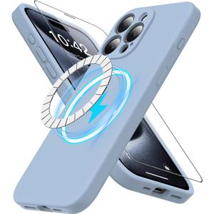 Goodon Magnetic for iPhone 15 Pro Case Silicone with Screen Protector - [Compatible with MagSafe] - Slim Fit Soft Cover - Shockproof Protective Phone Case 6.1" for Men Women Girls - Light Blue (iPhone 15 Pro 6.1", Light Blue Magsafe)