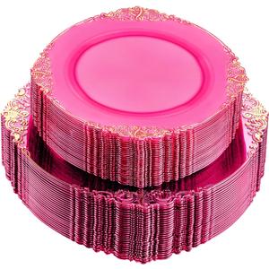 102PCS Clear Hot Pink Plastic Plates - Pink Disposable Plate with Gold Rim - Hot Pink Party Plates Include 51PCS 7.5inch Dessert & 10.25inch Dinner Plate for Wedding Birthday Party