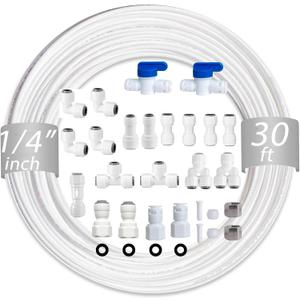 NSF 1/4" inch Water Line Tubing and Push to Connect Fittings for Reverse Osmosis Water Filter RO fittings (Refrigerator Kits),23 Pcs Connetors+30 feet 1/4" O.D. (6.4mm) Water Tubing
