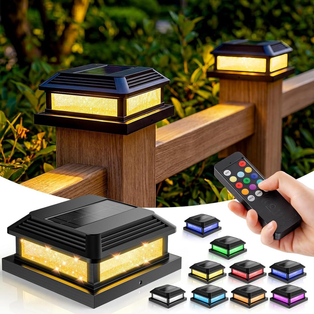 JOFIOS Solar Post Cap Lights Outdoor with Remote 10pack - Control 8 RGB Color Changing & Multicolor Flow Modes Easily, IP65 Waterproof - Fits 4x4/5x5 Wood/Vinyl Fence Deck Posts, Patio Garden, Black
