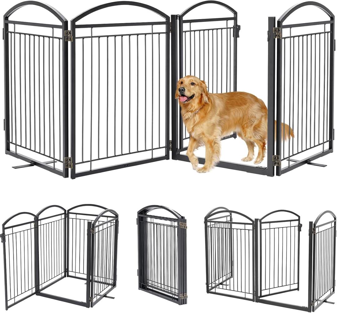 Full Metal Free Standing Dog Gate with Door for Indoor & Outdoor, 96'' Extra Wide 32'' Tall Dog Gate for The Doorways,Large Openings,Decks,Porch,Pet Freestanding Safety Fence (4 Panels,Black) (4 Panels with Door 32''H*96''W)