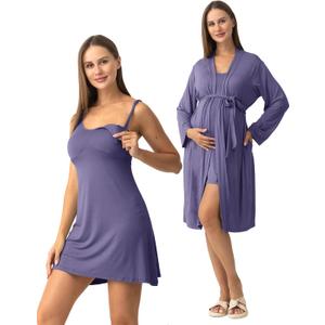 SUNNYBUY Women's Nursing Nightgown Maternity Robe Set, 3 in 1 Labor Delivery Breastfeeding Dress Postpartum Sleepwear, S