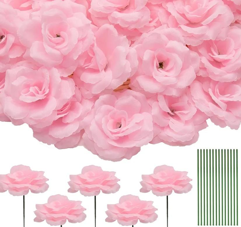 50 Pcs Rose Flower Head, Artificial Flowers Bulk for DIY Crafts, 3in Fake Rose Silk Flower Head wit Stem, Faux Flowers for Decoration, Wedding Home Party Decor Garland Decor (50, Pink)