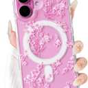 NITITOP Compatible with iPhone 16 Plus Case Clear Magnetic Compatible with MagSafe Cute Flowers Floral Leaves for Women Girls Hard PC Back Shockproof Protective Phone Cover, Pink