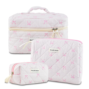 Makeup Bag, 3PC Quilted Makeup Bag Set Cotton Aesthetic Travel Large Cute Cosmetic Toiletry Bag for Women Girls