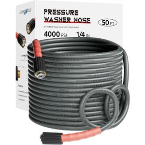 Pressure Washer Hose 50FT 1/4", Kink Resistant Power Washer Hose Compatible with M22 Fittings, Replacement For Most Brand Pressure Washers, 4000 PSI, Grey Pressure Washer Hose 50FT 1/4", Kink Resistant Power Washer Hose Compatible with M22 Fittings, Replacement For Most Brand Pressure Washers, 4000 PSI, Grey