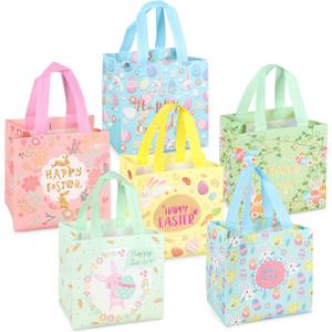 PARSUP Happy Easter Egg Hunt Bags Bunny Chick Egg Gift Treat Foil Non-Woven Bags with Handles for Gifts Wrapping, Egg Hunt, Easter Party Supplies, 8.3×7.9×5.9inch