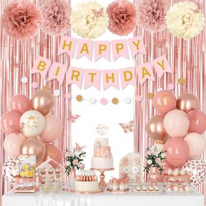Pink Decorations for Women Girls, Dusty Pink Sand Rose Gold Metallic Printed Balloons Butterfly Stickers Fringe Curtain Happy Birthday Banner Circle Dots Garland Paper Pompoms Valentines Supplies