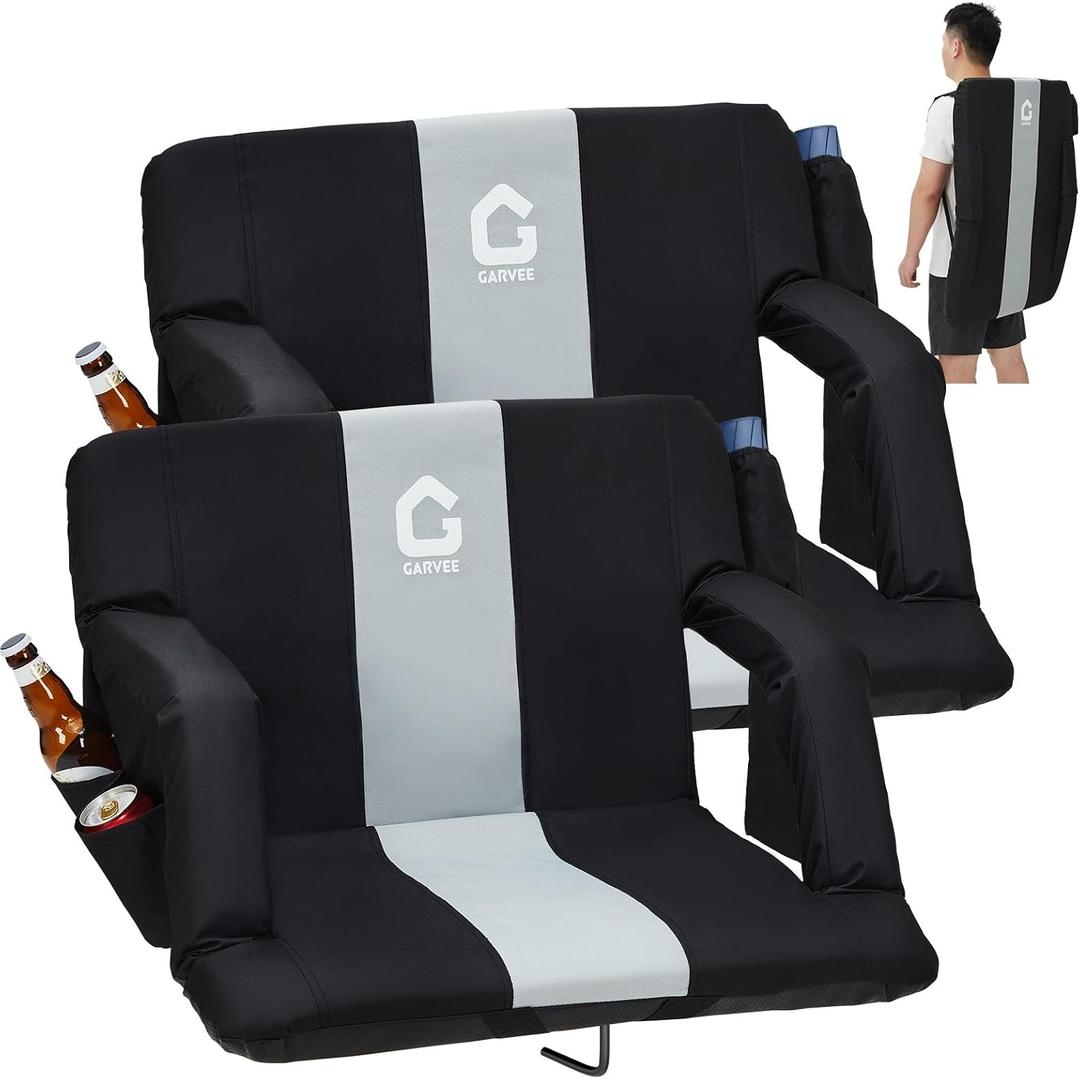 Garvee Stadium Seats with Back Support and Padded Cushion - Extra Wide Bleacher Chair with Anti-Slip Mat - Reclining Stadium Football Seats - 6 Adjustable Angle, Large Pockets, Cup Holders, 20.5" (Black, L)