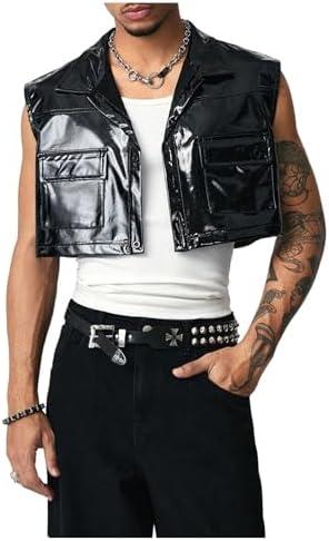 SHENHE Men's Patent Leather Button Up Sleeveless Crop Jacket Vest Disco Party Clubwear, Small