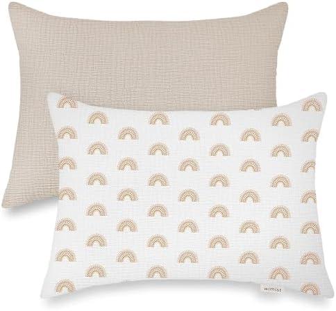 Wimist Toddler Pillowcases for 14"x20" Pillow 2 Pack, Muslin Small Toddler Baby Kids Travel Pillow Covers for Boys Girls with Envelope Closure (Beige & Rainbow, 14 x 20 Inch)