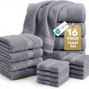 LANE LINEN 100% Cotton Towels Set for Bathroom - 16 Piece Family Pack - Soft, Absorbent & Quick Dry - 4 Bath, 8 Washcloths, 4 Hand Towels - OEKO TEX Certified, Machine Washable & Durable - Cool Grey