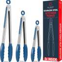 Kitchen Tongs with Silicone Tips Set of 3 Heat Resistant Tongs for Serving Food, 7-Inch, 9-Inch, 12-Inch Locking Silicone Tongs for Cooking, Salad Tong, Blue Kitchen Utensils