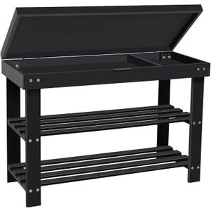 BAMBUROBA Shoe Rack Bench for Entryway,3-Tier Bamboo Small Bench with Storage Drawer,Shoe Shelf Organizer Indoor Outdoor Use,Black