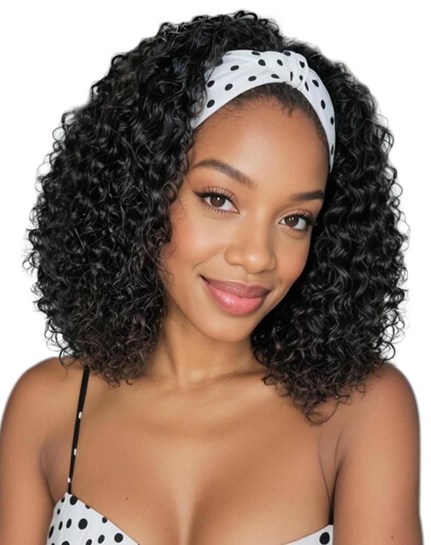 QUEENTAS 12 Inch Deep Wave Headband Wig for Black Women Glue less Wear and Go Heat Resistant Synthetic Hair, Shoulder Length Bob for Daily Use Dating,1B Natural Black
